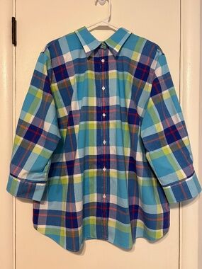 Ralph Lauren CHAPS Women's Plus No Iron Blue Plaid Button-Front Shirt Top 2X